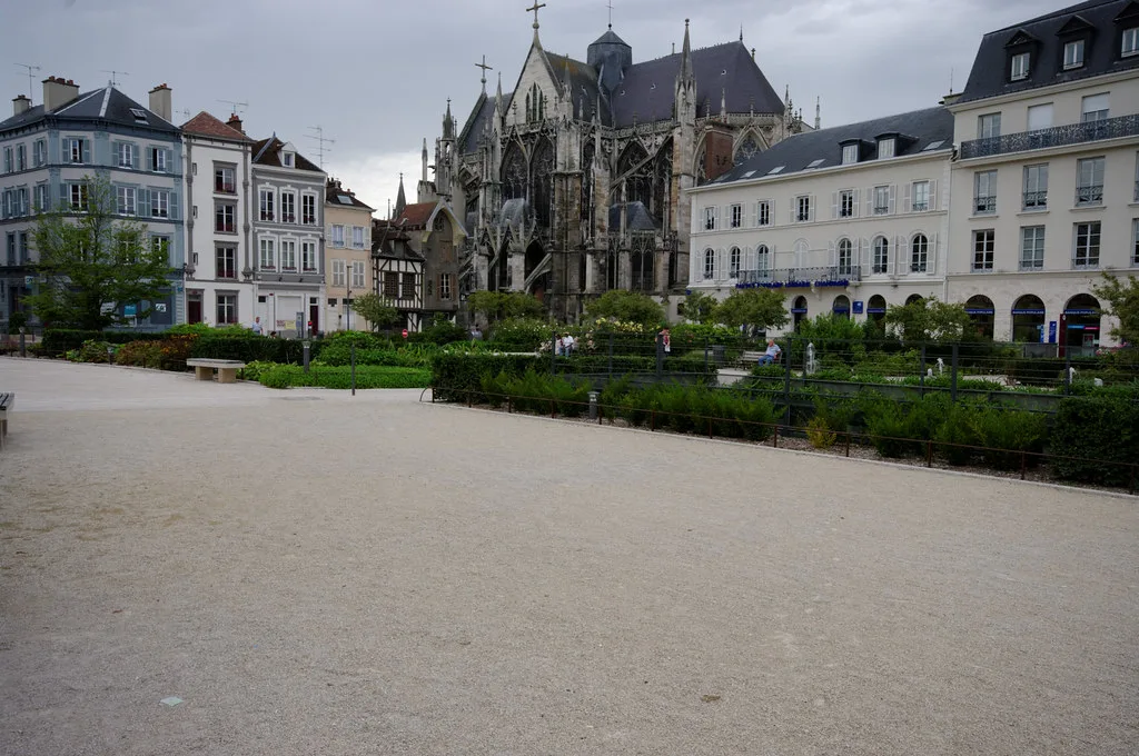 View across the historic centre of Troyes, France, where the city's car parks ring the pedestrian core