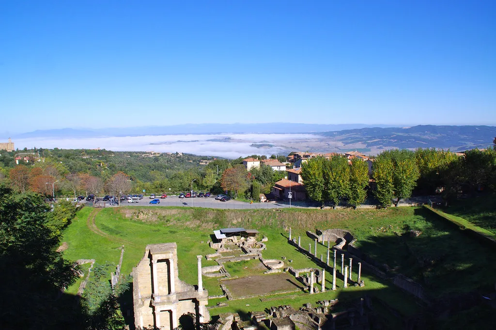 The well-preserved ancient Roman Theater of Volterra with its stone tiers and standing columns